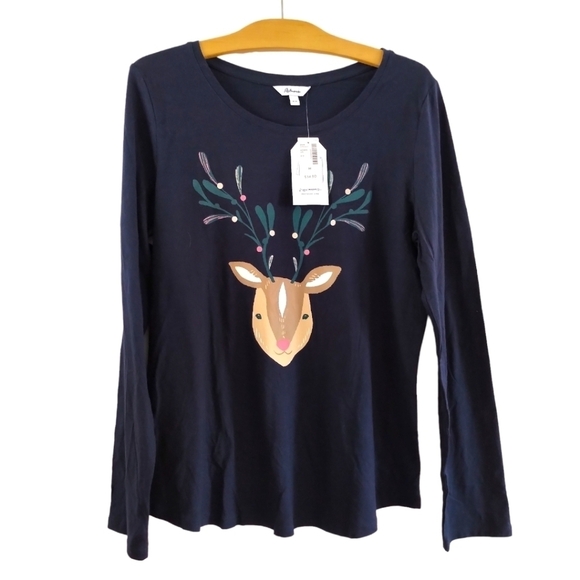 🌼NWT⭐Reitmans Sleepwear Long Sleeve Lounge T-Shirt Navy blue Cute cartoon Deer - Picture 2 of 15